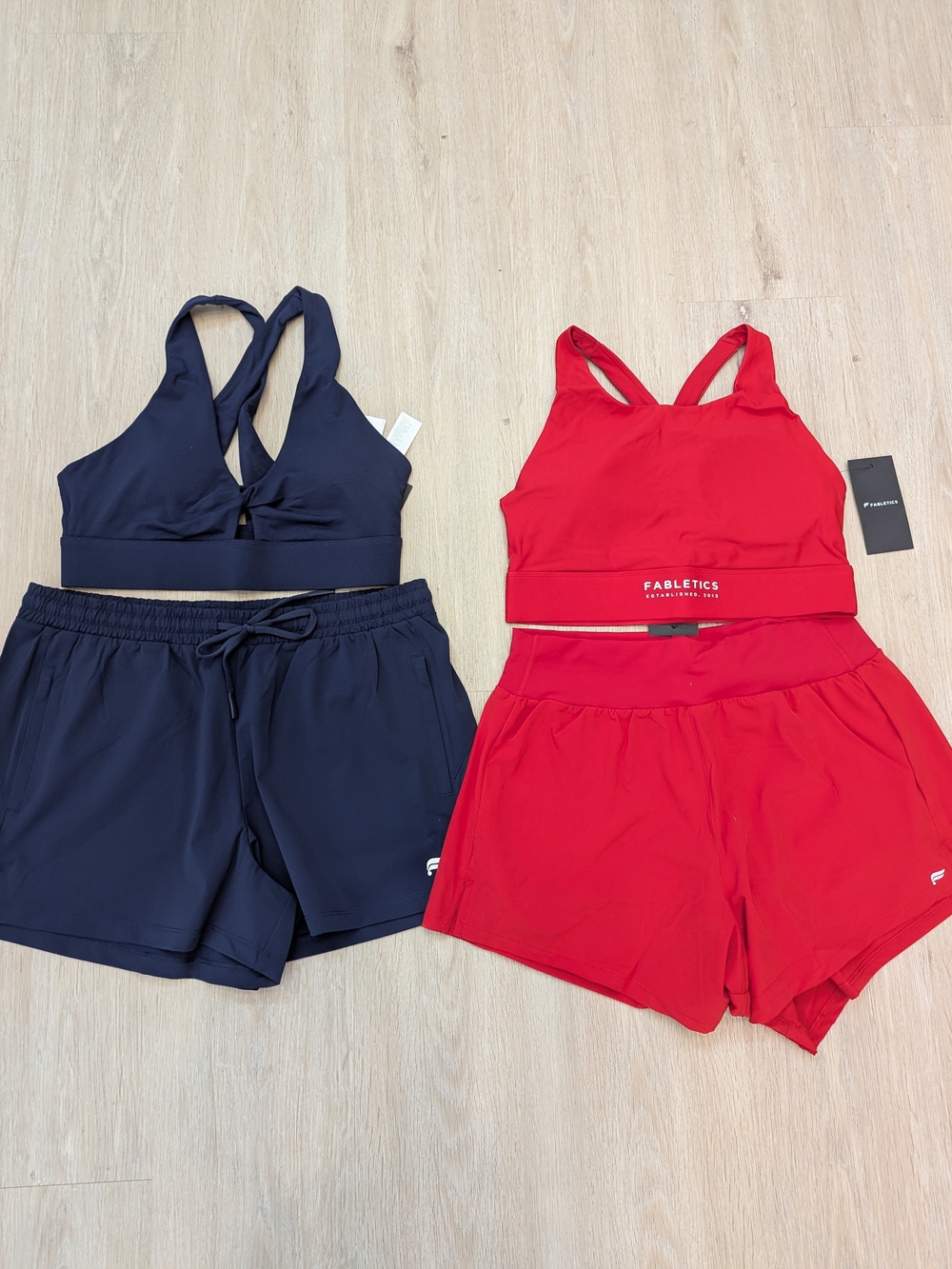 Fabletics Women's Red And Blue Performance Sports Bra & Shorts Sets Size MEDIUM